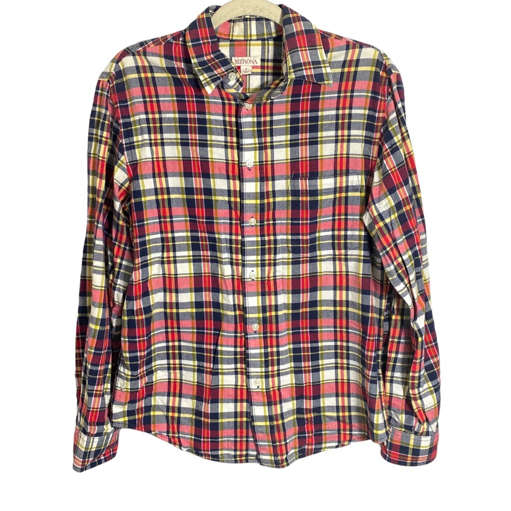 Merona Womens Size S Red Plaid Cotton Pocket Long Sleeve Casual Button Up Shirt